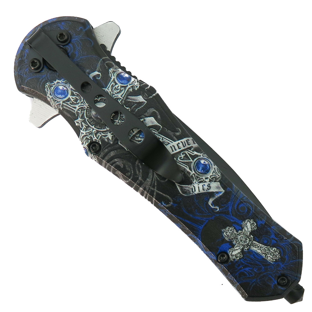 Snake Eye Blue Skull Tactical Spring Assist Knife, Black Spear Point Blade, Clip View