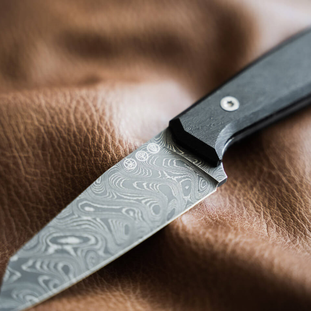 Boker SCRATCH & DENT  Daily Knives AK1 Fixed Blade Knife, Nichols Boomerang Damascus, Close Up