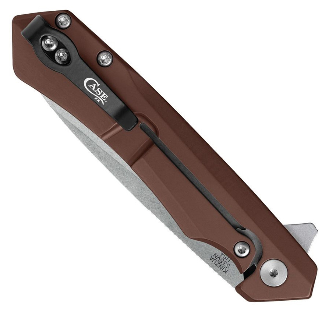 Case Brown Aluminum Kinzua Flipper Knife, Stonewash Drop Blade, Clip View