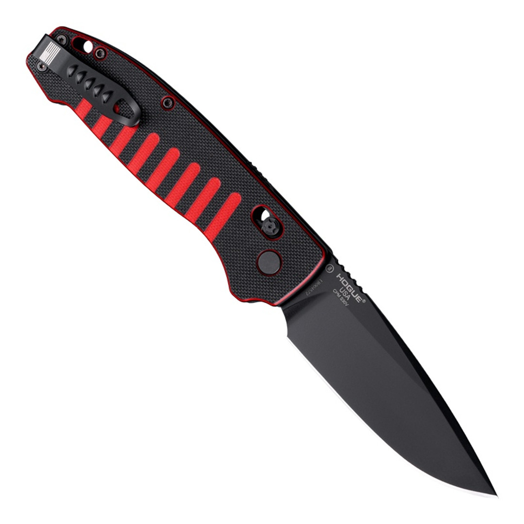 Hogue Knives Red and Black XL Ballista  Auto Knife, Black Drop Blade, Clip View