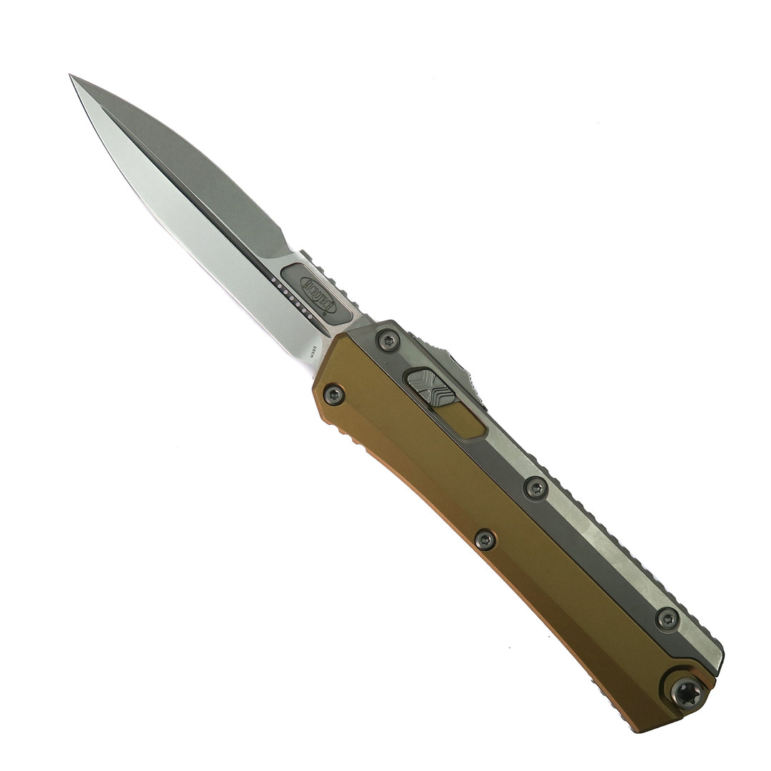 Microtech Tan Glykon OTF Automatic Knife, Stonewash Bayonet Blade