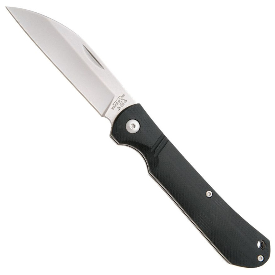 Bear & Son Black G10 Slip Joint Knife, Stonewash Wharncliffe Blade