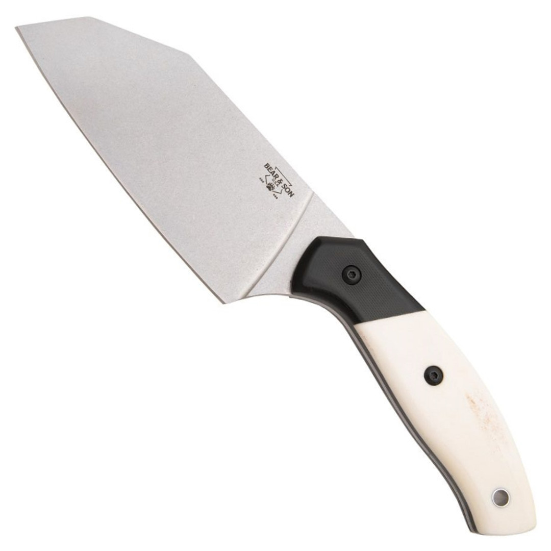 Bear & Son White Micarta Black G10 Professional Chopping Fixed Blade Knife, 10 1/8" Stonewash Blade