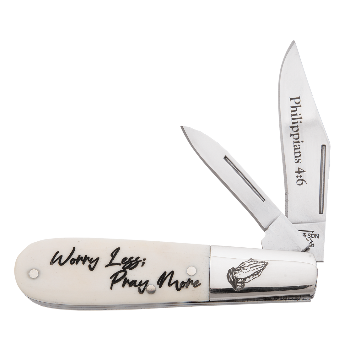 Bear & Son Smooth White Bone Scripture Series Philippians 4:6 Barlow Slip Joint Knife, Satin Blade