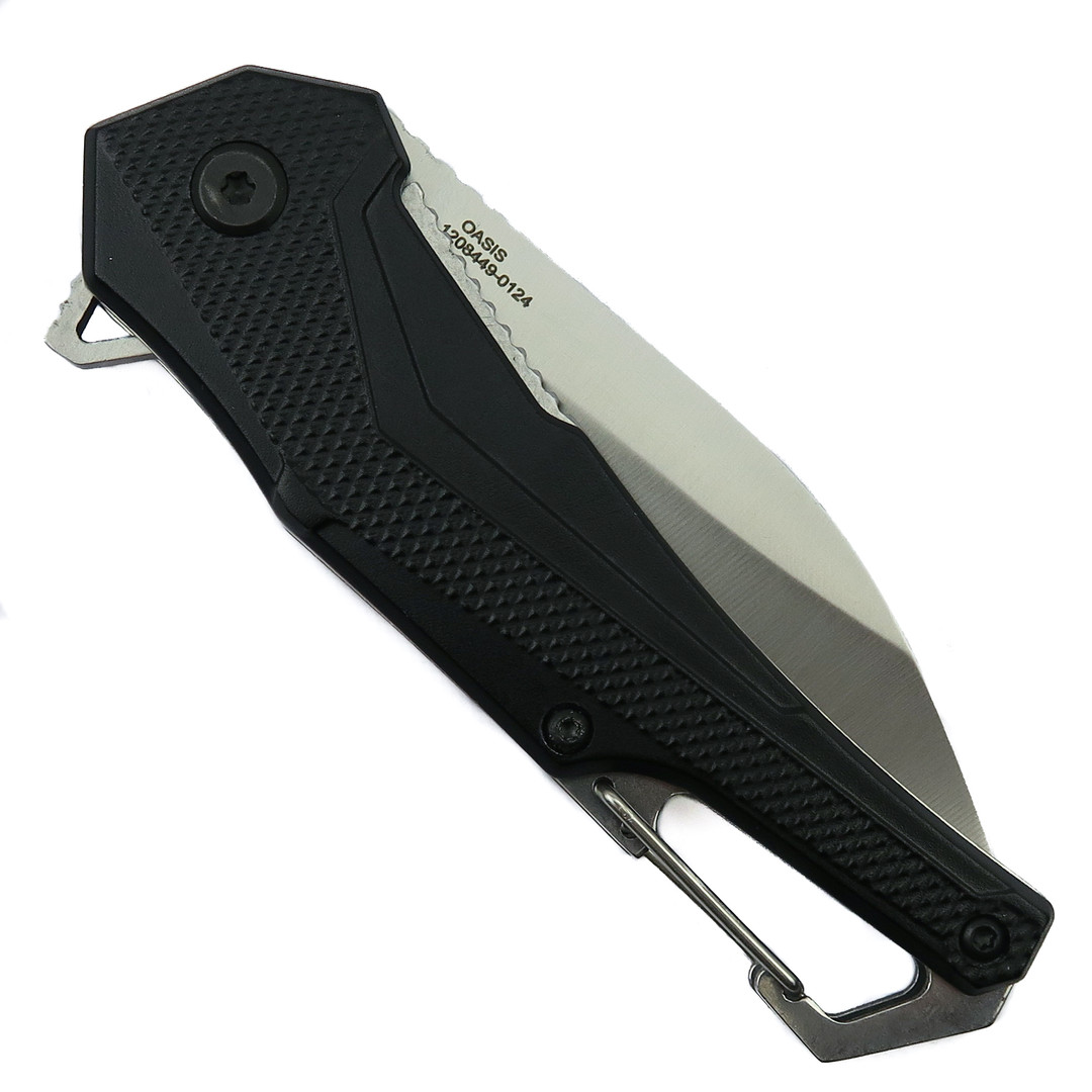 Smith & Wesson Oasis Black Aluminum Carabiner Liner Lock Knife, Closed View