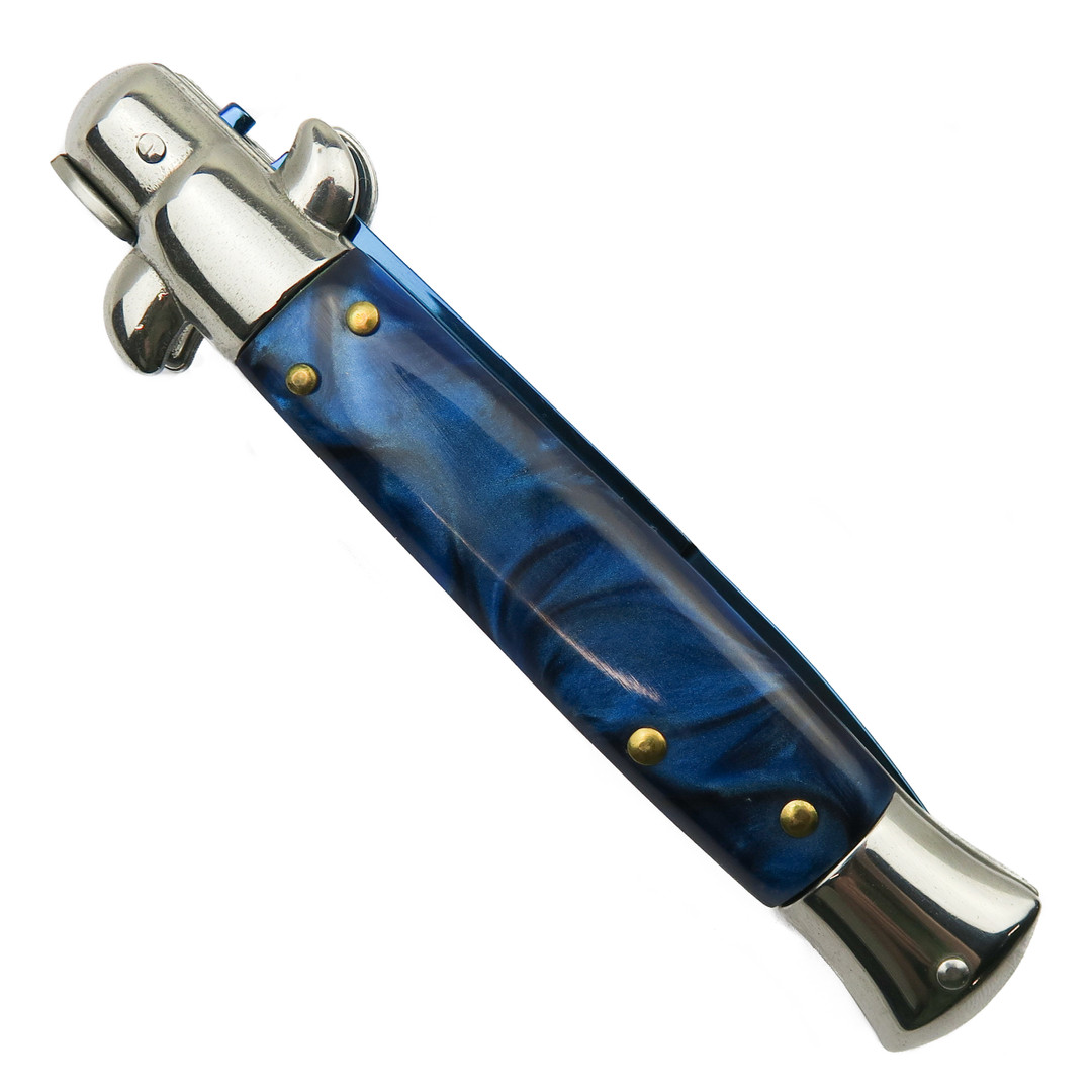 Blue Marbled Godfather Stiletto Knife, Blue Blade, Closed View