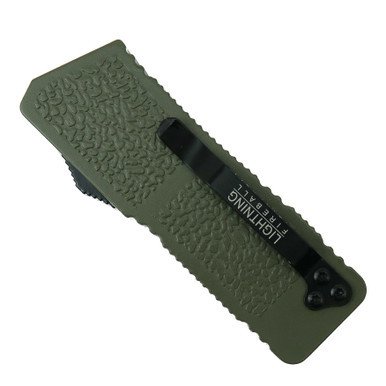 Lightning OD Green Fireball OTF Automatic Knife, Black Tanto Blade, Clip View