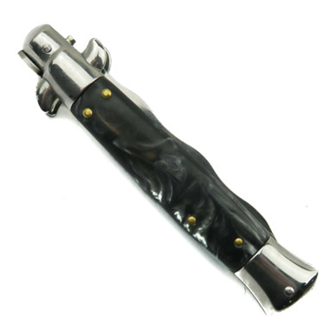 Godfather Black Marble Automatic Knife, Kris Satin Blade, Closed View