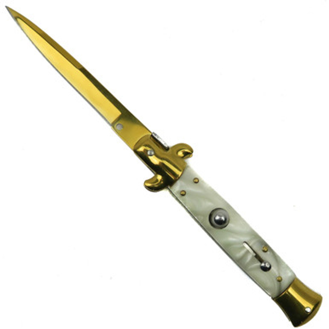 Godfather White Marble Automatic Knife, Gold Blade