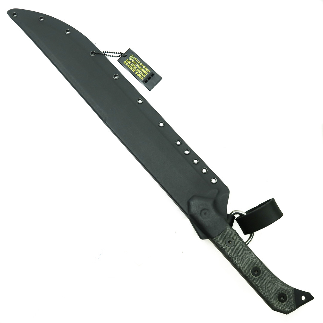 TOPS Knives Exclusive BlackOut Edition CUMA Kage Fixed Blade, Black Blade, Sheath View