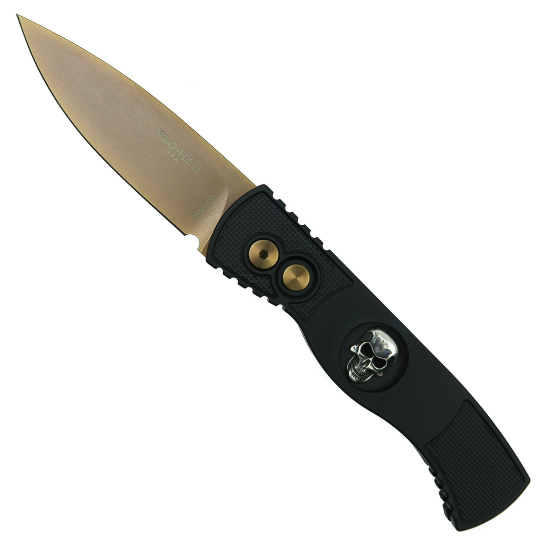 Pro-Tech TR-2 Tactical Response 2 Black Aluminum Bruce Shaw Skull Auto Knife, Rose Gold Spear Point Blade