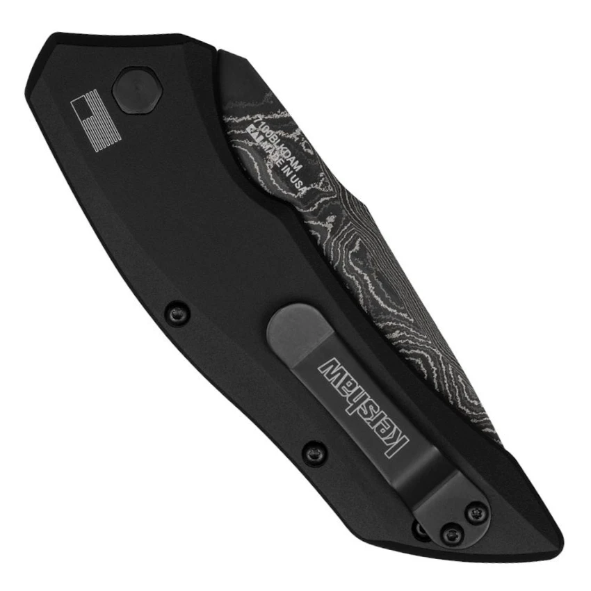 Kershaw Auto Launch 1 Black Anodized Aluminum Auto Knife, Damascus Drop Point Blade, Clip View
