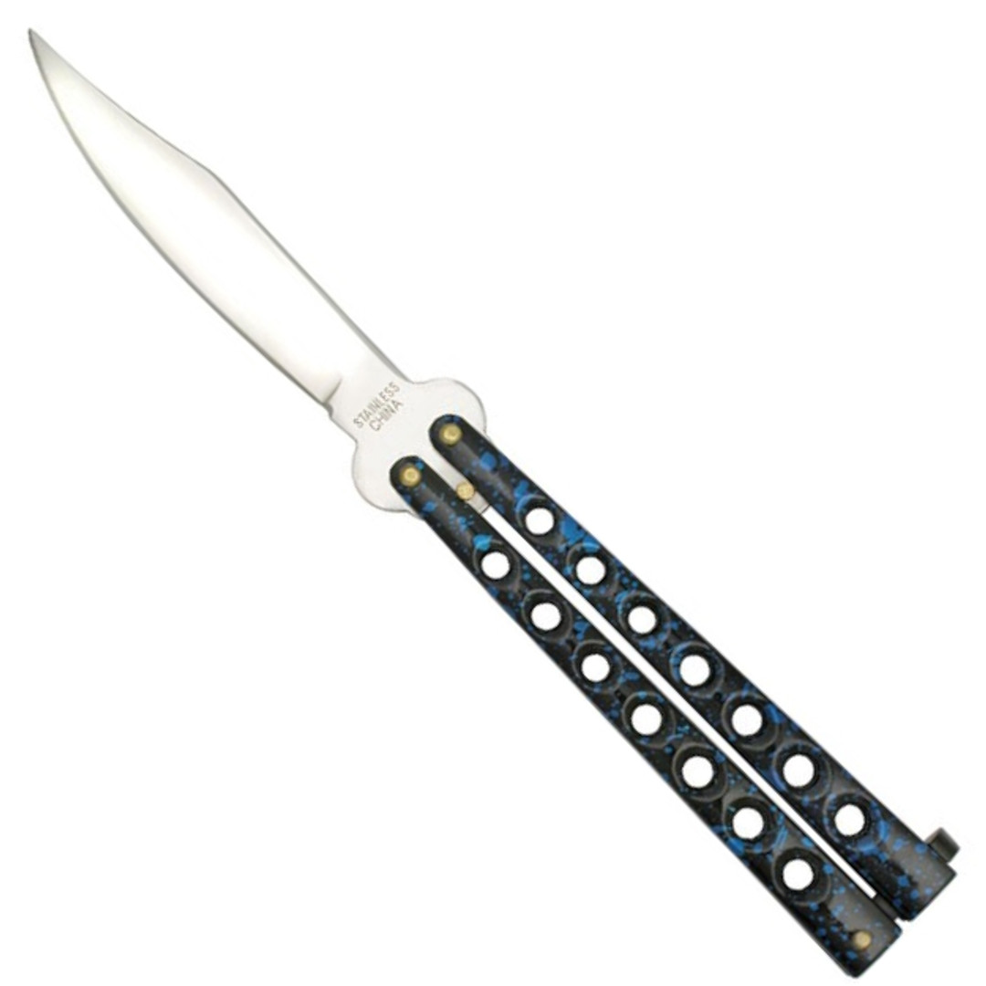 Discount Blue 7 Hole Butterfly Knife, Silver Clip Point Blade