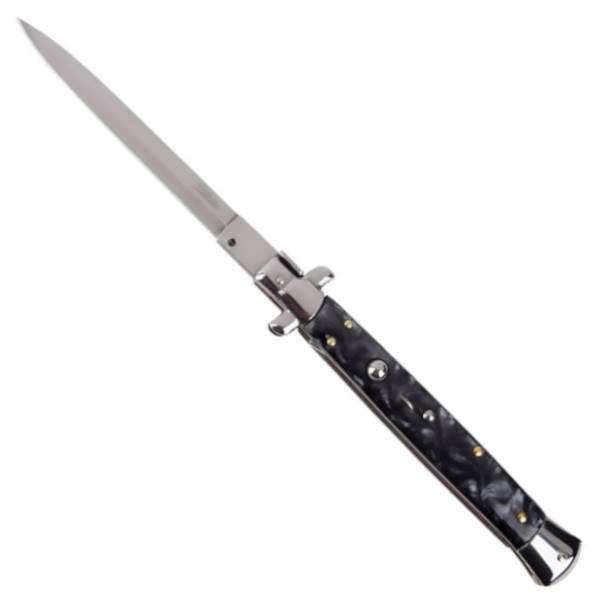 XL Godfather Black Marble Stiletto Switchblade Knife, Satin Blade