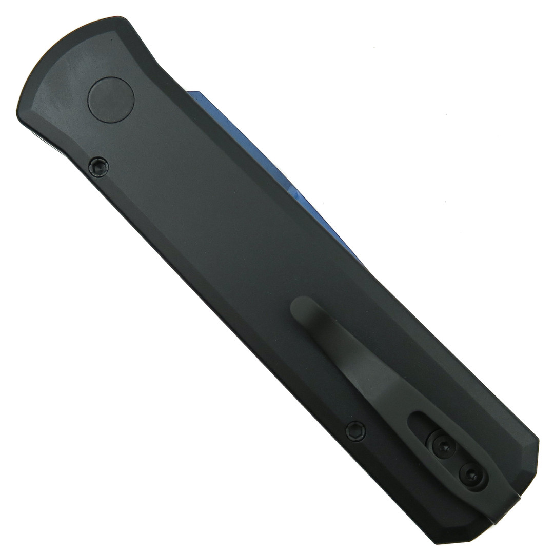 Pro-Tech Black Aluminum G10 Inlay Abalone Button Godson Auto Knife, Sapphire Blue Blade, Clip View