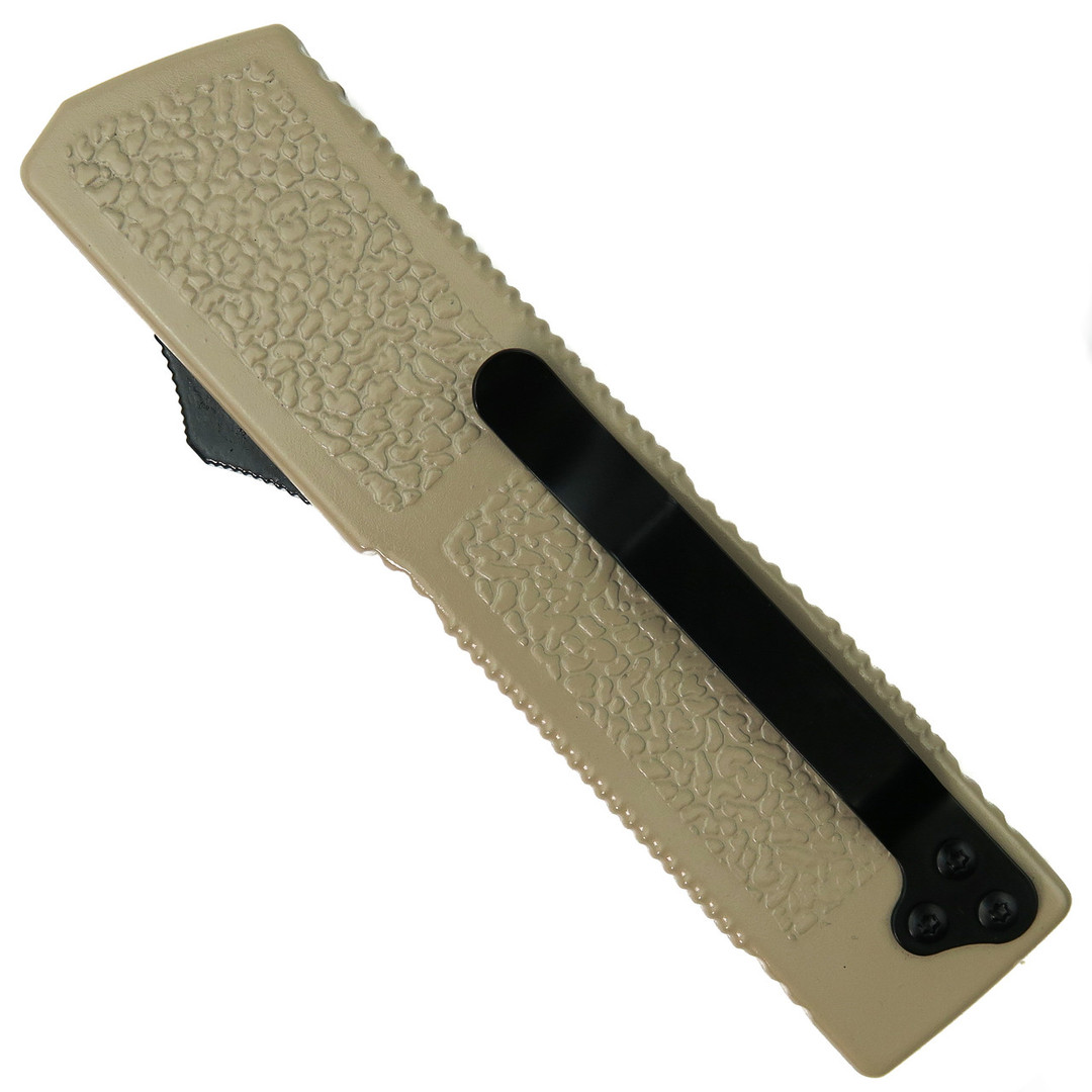 Lightning Tan OTF Automatic Knife, Black Drop Blade, Clip View