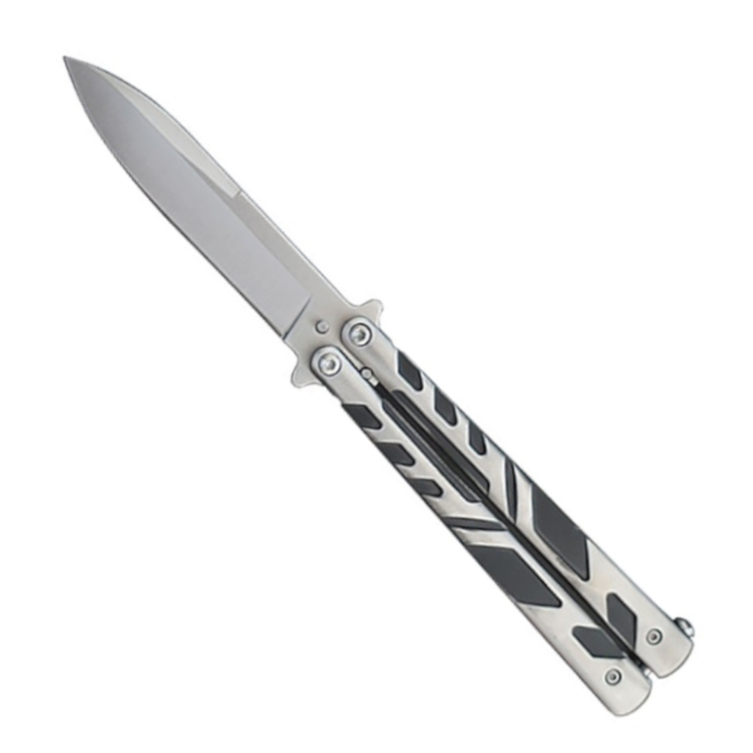 Two-Tone Silver and Black Butterfly Knife, Satin Spear Point Blade