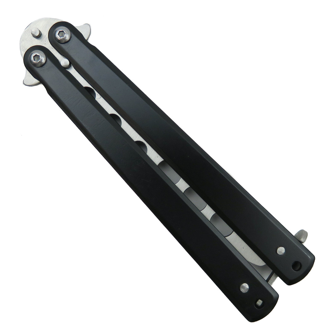 Black Balisong Butterfly Knife, Satin Trainer Blade, Closed View