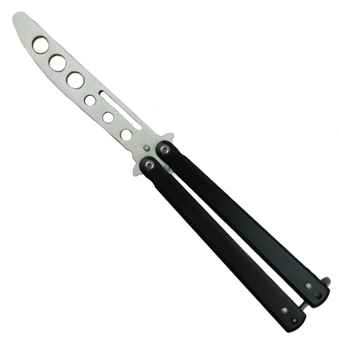 Black Balisong Butterfly Knife, Satin Trainer Blade