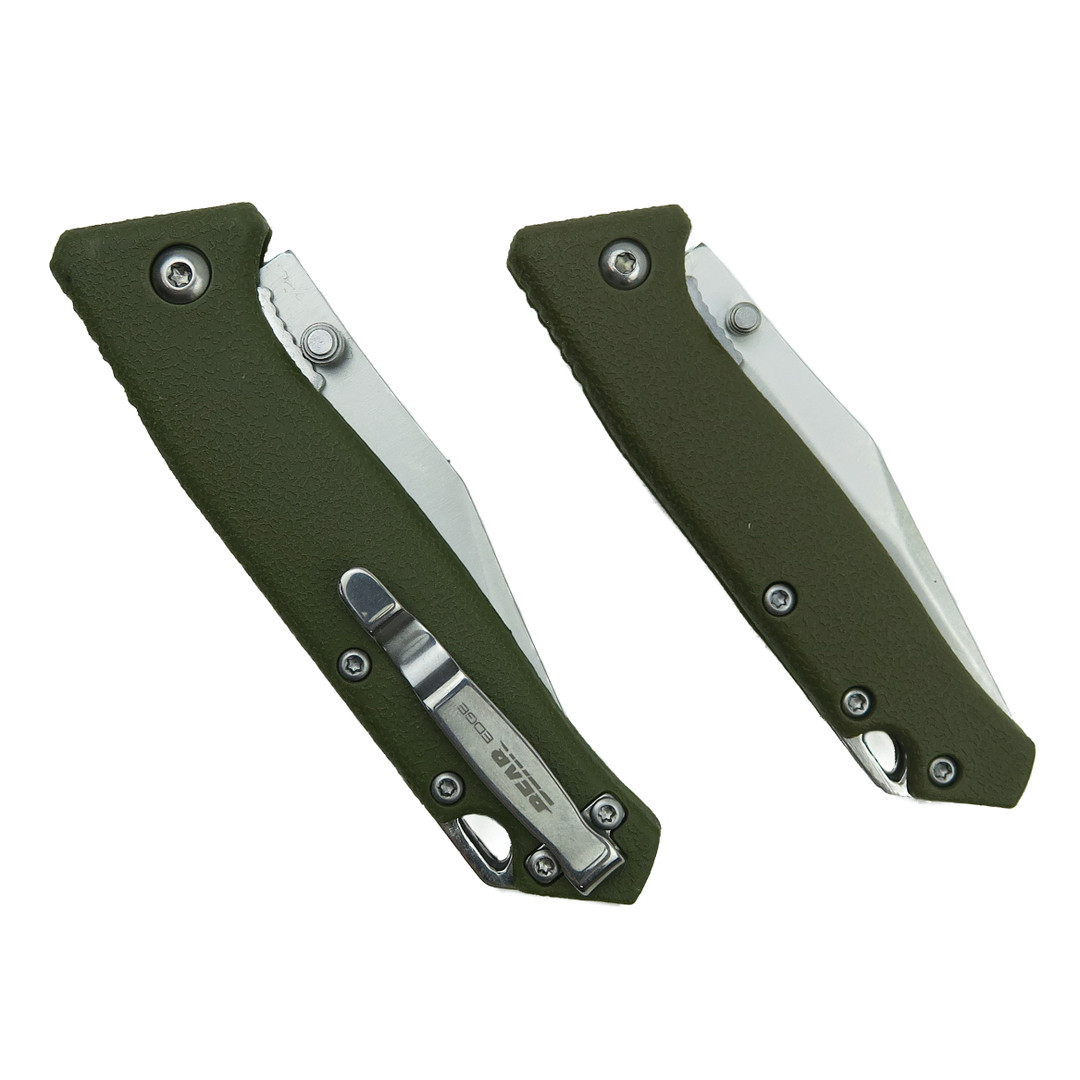 Bear Edge Limited Edition OD Green Folding Knife, Set of 2 in Gift Tin, Clip View