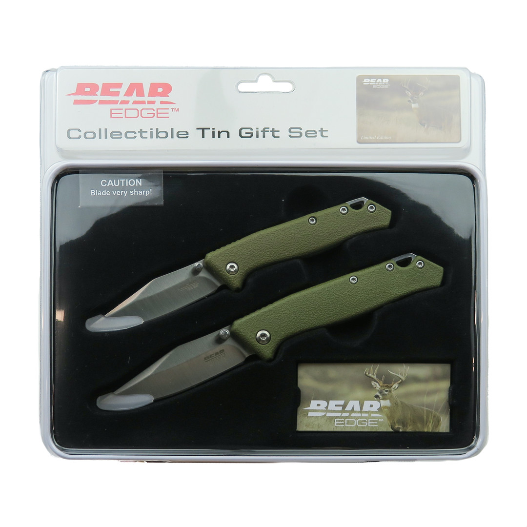 Bear Edge Limited Edition OD Green Folding Knife, Set of 2 in Tin, Sealed View