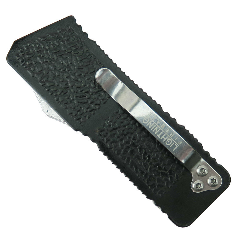 Lightning Black Fireball OTF Automatic Knife, Satin Tanto Blade, Clip View