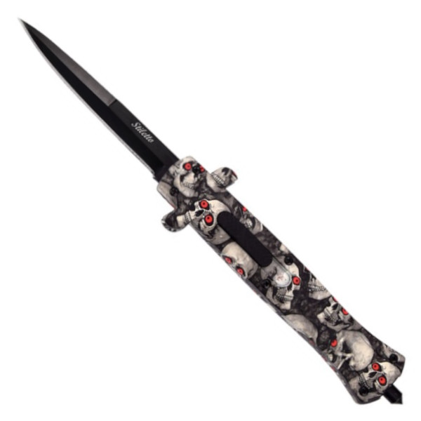 Gray Skull Stiletto OTF Auto Knife, Black Dagger Blade