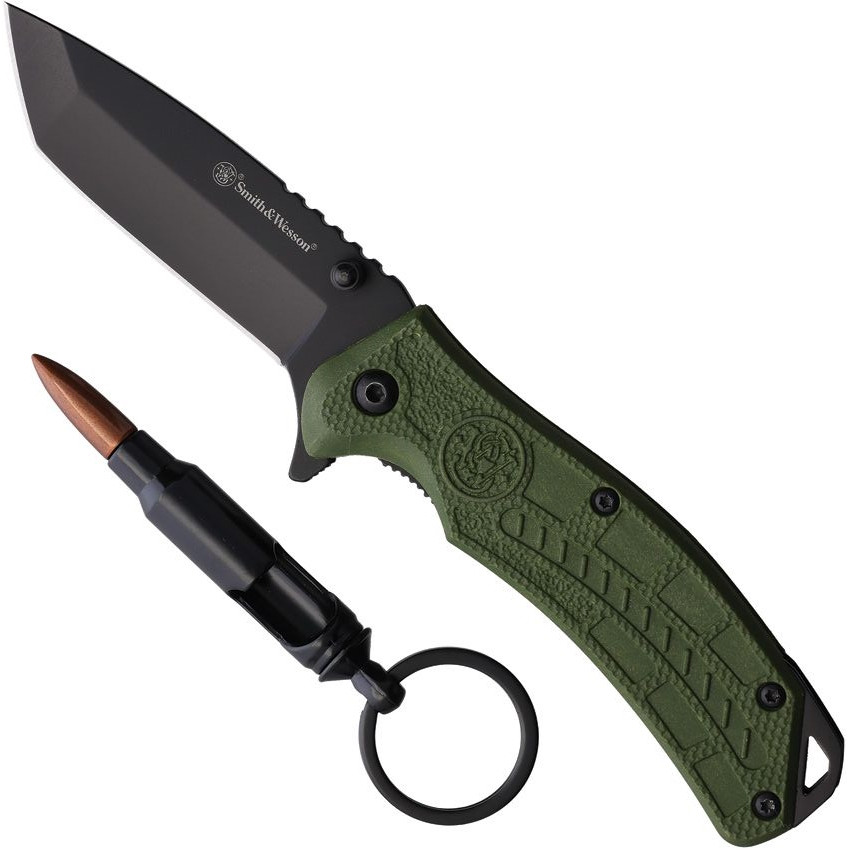 Smith & Wesson OD Green Polymer HRT Spring Assist Knife, Black Tanto Blade