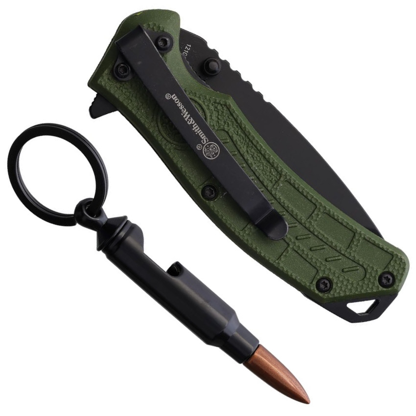Smith & Wesson OD Green Polymer HRT Spring Assist Knife, Black Tanto Blade, Clip View