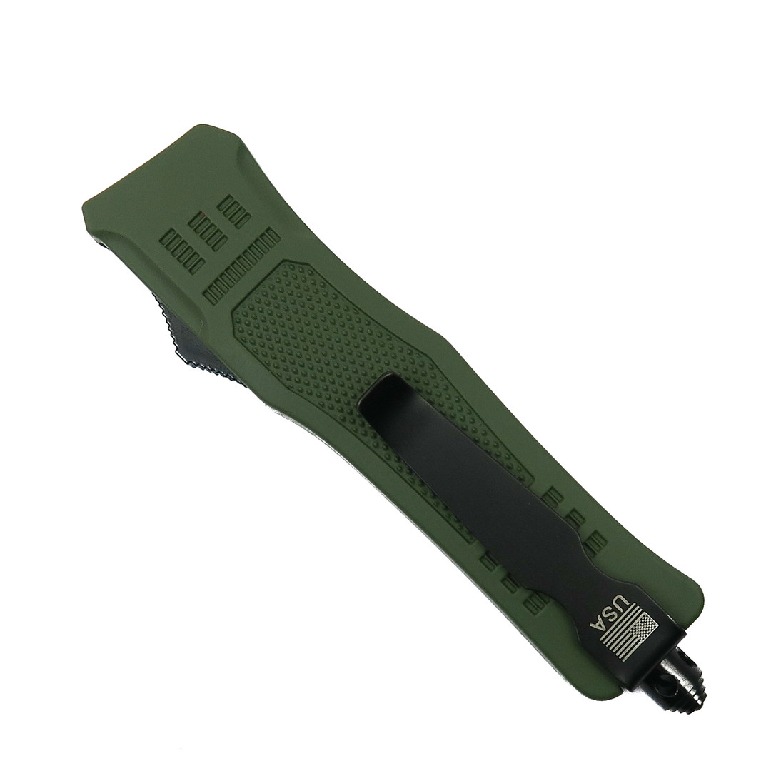 Rumble Green Small OTF Auto Knife, Black Tanto Blade, Clip View