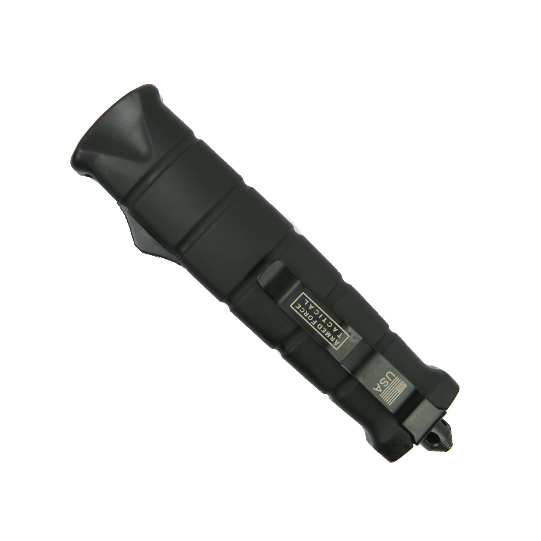 Black ABS OTF Auto Knife, Two Tone Spear Point Blade, Clip View