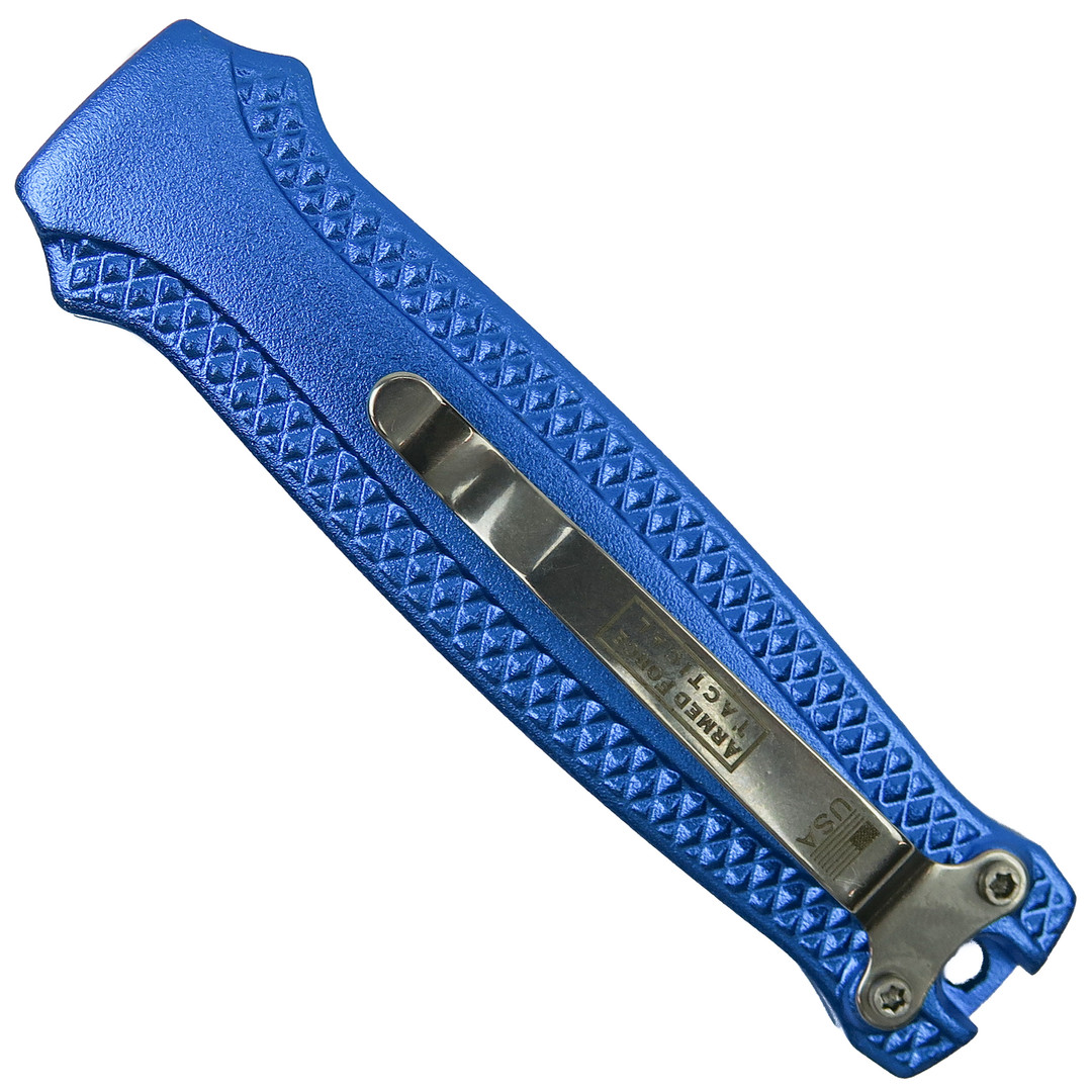 Elfin Mini Blue OTF Auto Knife, Satin Dagger Blade, Clip View