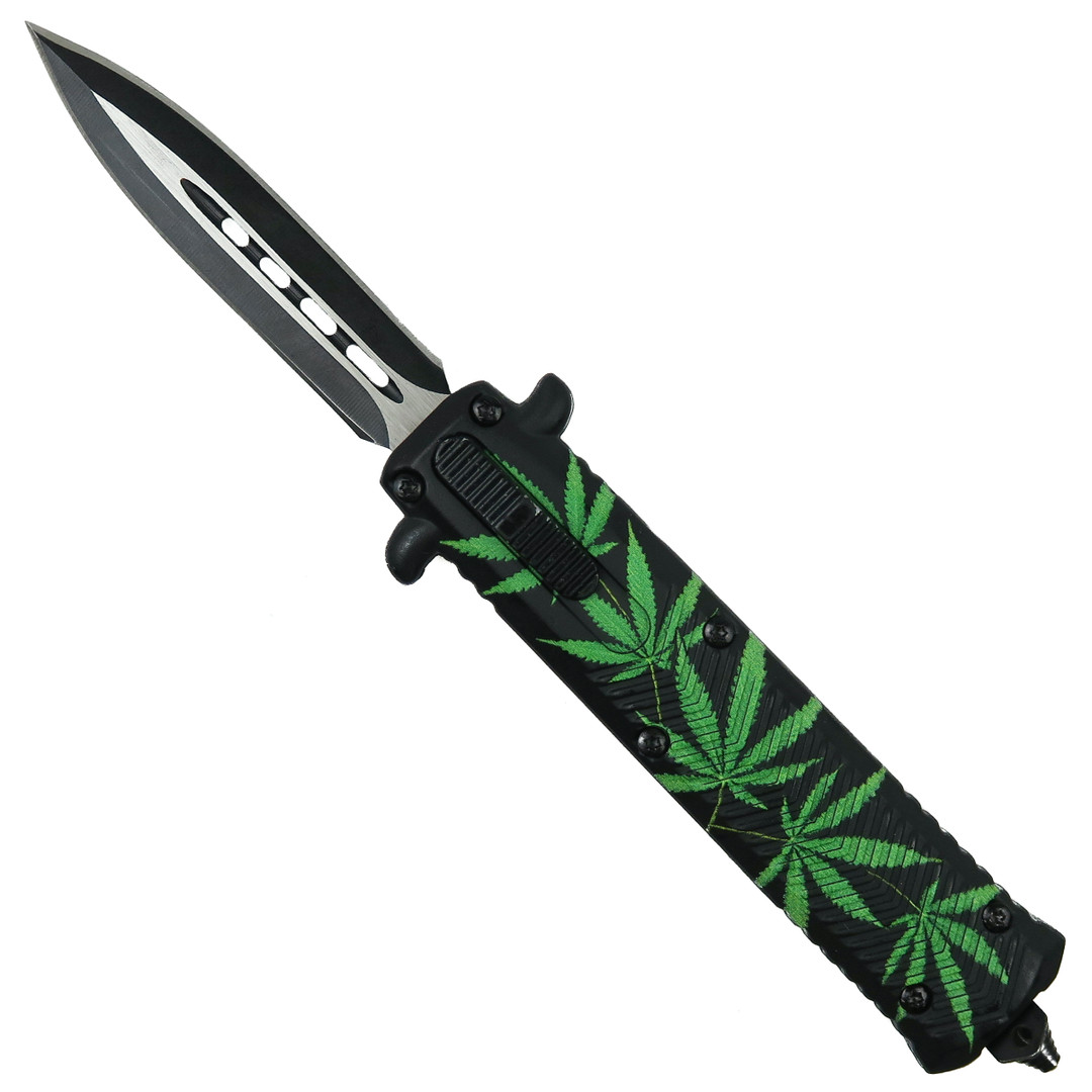 Compact OTF Marijuana Print Auto Knife, Two-Tone Dagger Blade