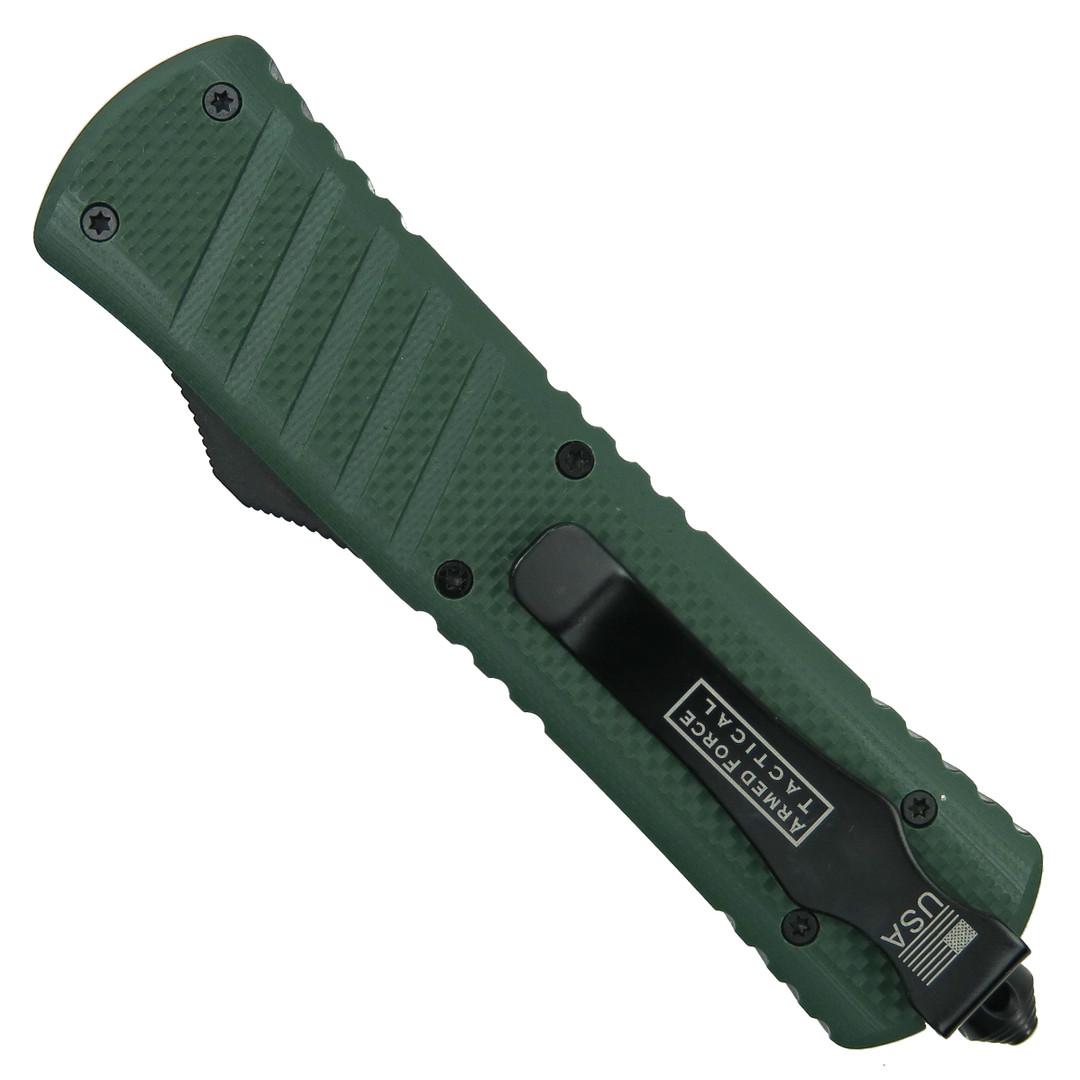 Stealth Operative Green G10 OTF Auto Knife, Black Dagger Blade, Clip View