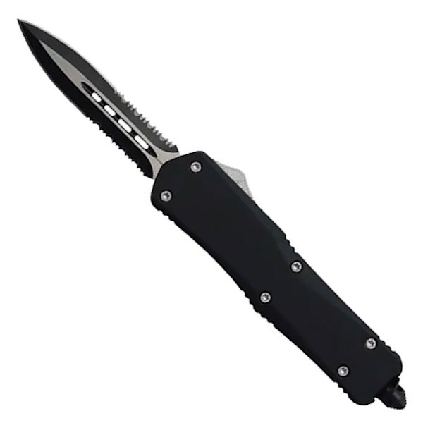 Smooth Operator OTF Auto Knife, Black Double Edge Serrated Dagger Blade