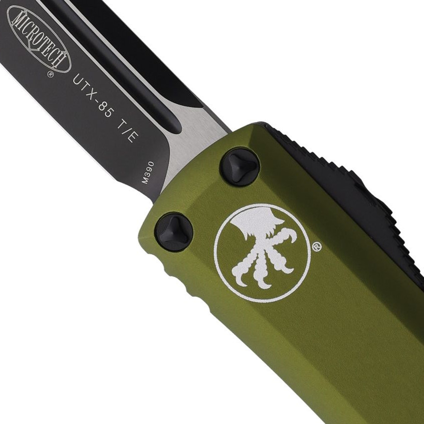 Microtech OD Green UTX-85 OTF Auto Knife, Black Tanto Blade, Close Up Blade View