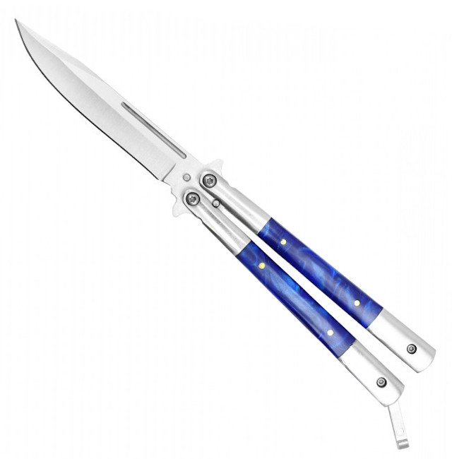 Blue Marble Inset Butterfly Knife, Clip Point Blade