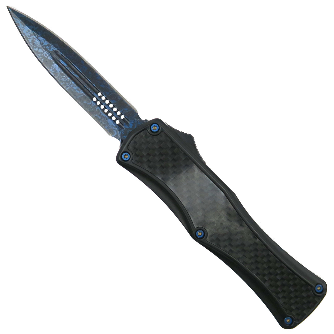 Carbon Prism OTF Auto Knife, Blue Damascus Dagger Blade