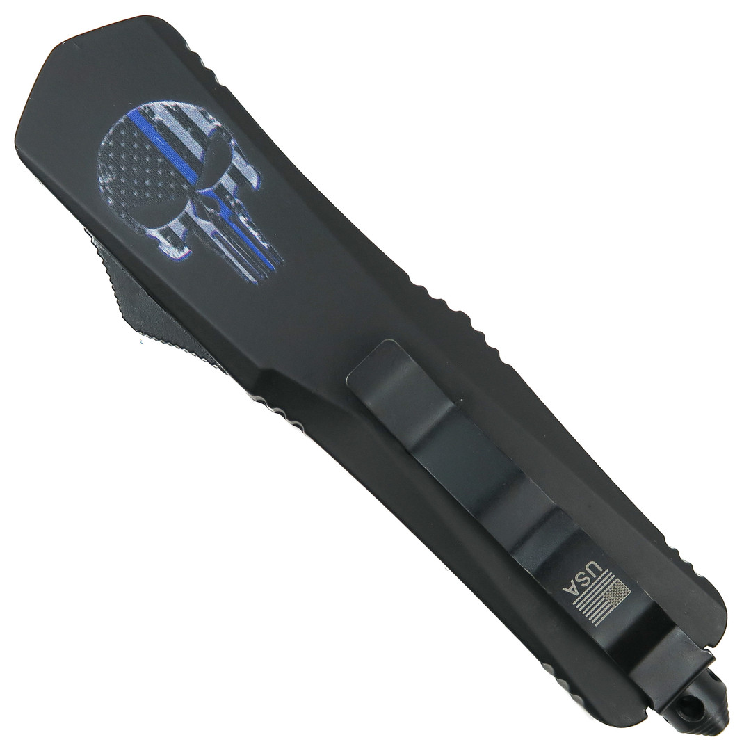 Smooth Operator Blue Punisher OTF Auto Knife, Black Dagger Blade, Clip View