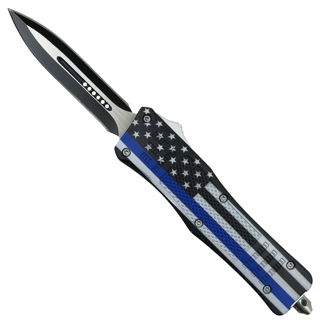 Rumble Thin Blue Line Flag OTF Auto Knife, Black Dagger Blade