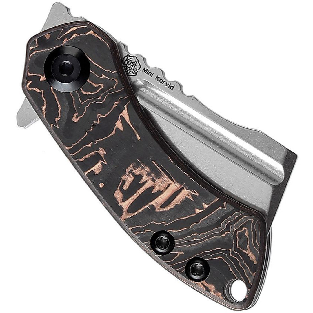 Kansept Mini Korvid Copper Carbon Fiber Linerlock Folding Knife, Stonewash Cleaver Blade, Closed View