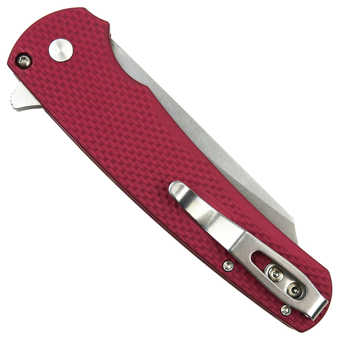 Pro-Tech Malibu Textured Red Aluminum Flipper Knife, Stonewash MagnaCut Reverse Tanto Blade, Clip View
