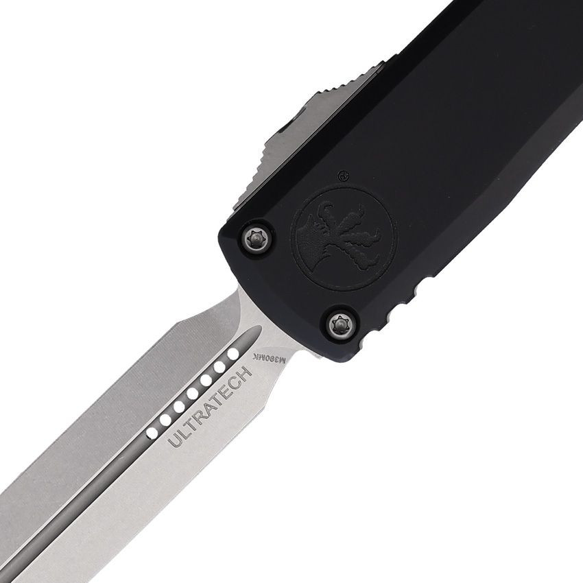 Microtech ZBP Ultratech OTF Auto Knife, Stonewash Dagger Blade, Close Up