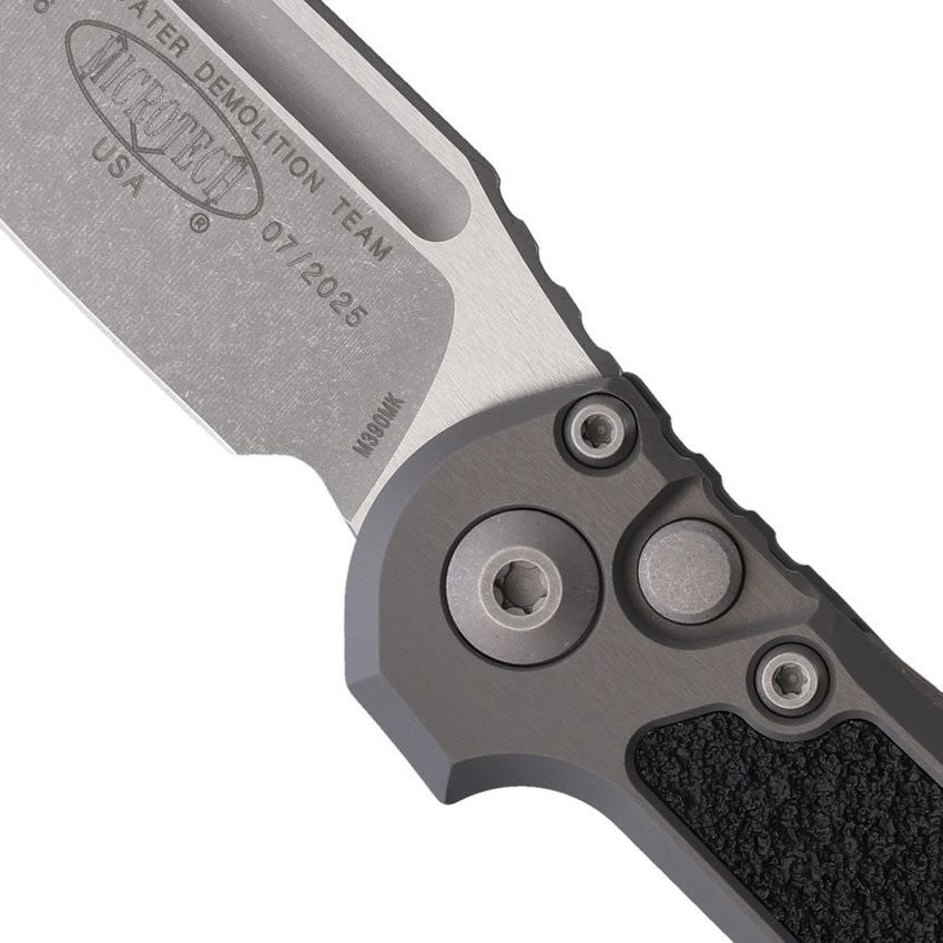 Microtech Gen III Natural Clear LUDT Auto Knife, Apocalyptic Blade, Close Up