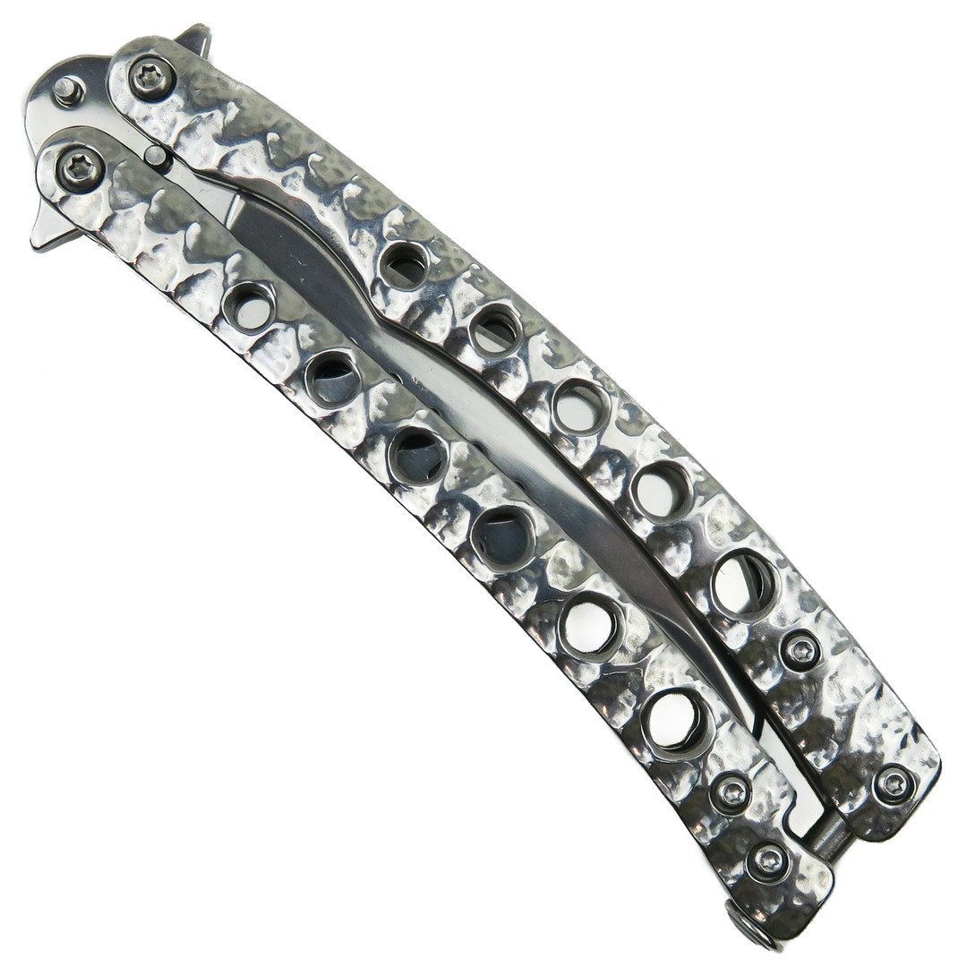 Recurve Textured Silver Butterfly Knife, Satin Blade, Closed View