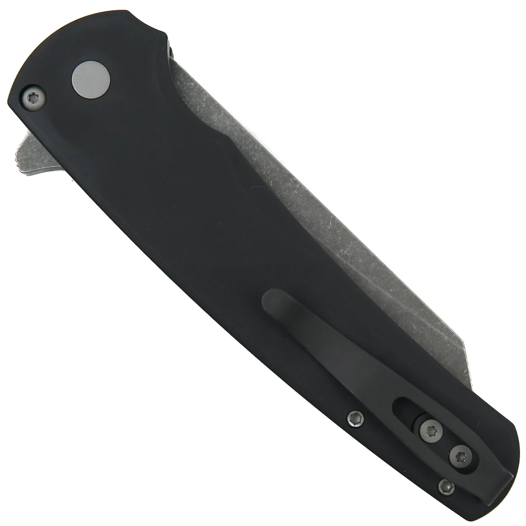 Pro-Tech Malibu Black Aluminum Flipper Knife, Acid Wash MagnaCut Reverse Tanto Blade, Clip View