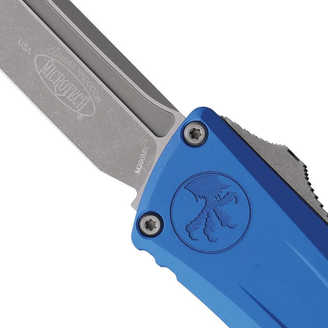Microtech Blue Gen III Combat Troodon OTF Auto Knife, Apocalytic Tanto, Close Up