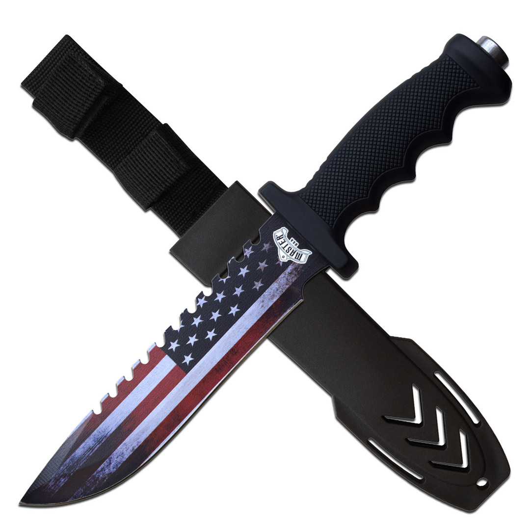 Master Cutlery MU-20-04A Large American Flag Fixed Blade Knife, Sawback Blade, Blade and Sheath View