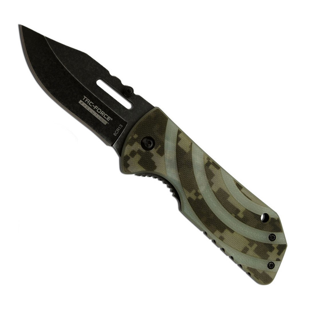 Tac-Force Evolution Digi Camo Assist Knife, Black Clip Blade