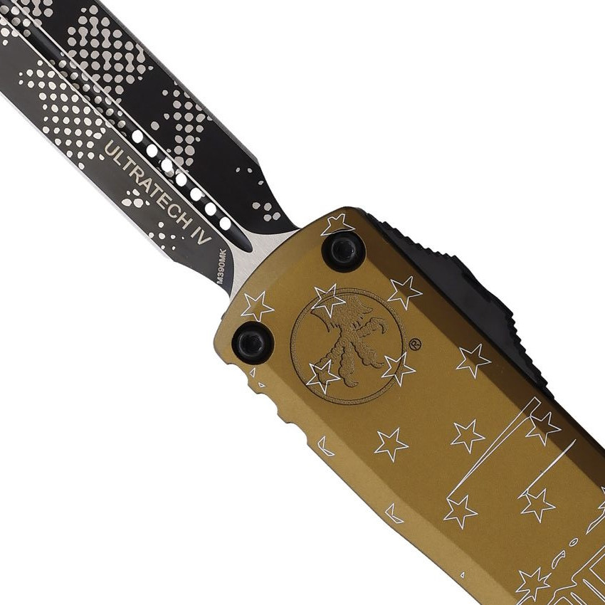 Microtech Gen IV Tan Hero Machined Ultratech OTF Auto Knife, Black D/E Dagger Blade, Close Up